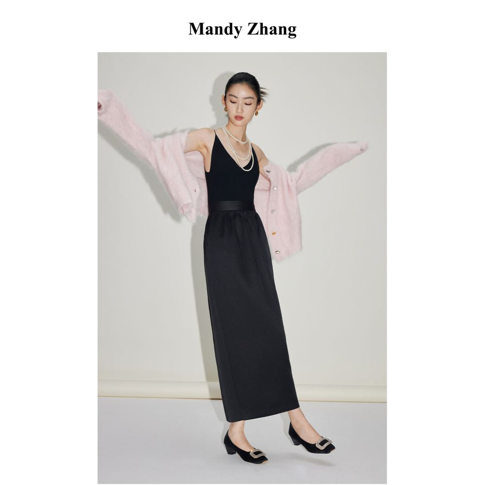 Mandy Zhang black satin pleated design flower bud straight tube skirt for women reducing age and slimming temperament skirt autumn image 4