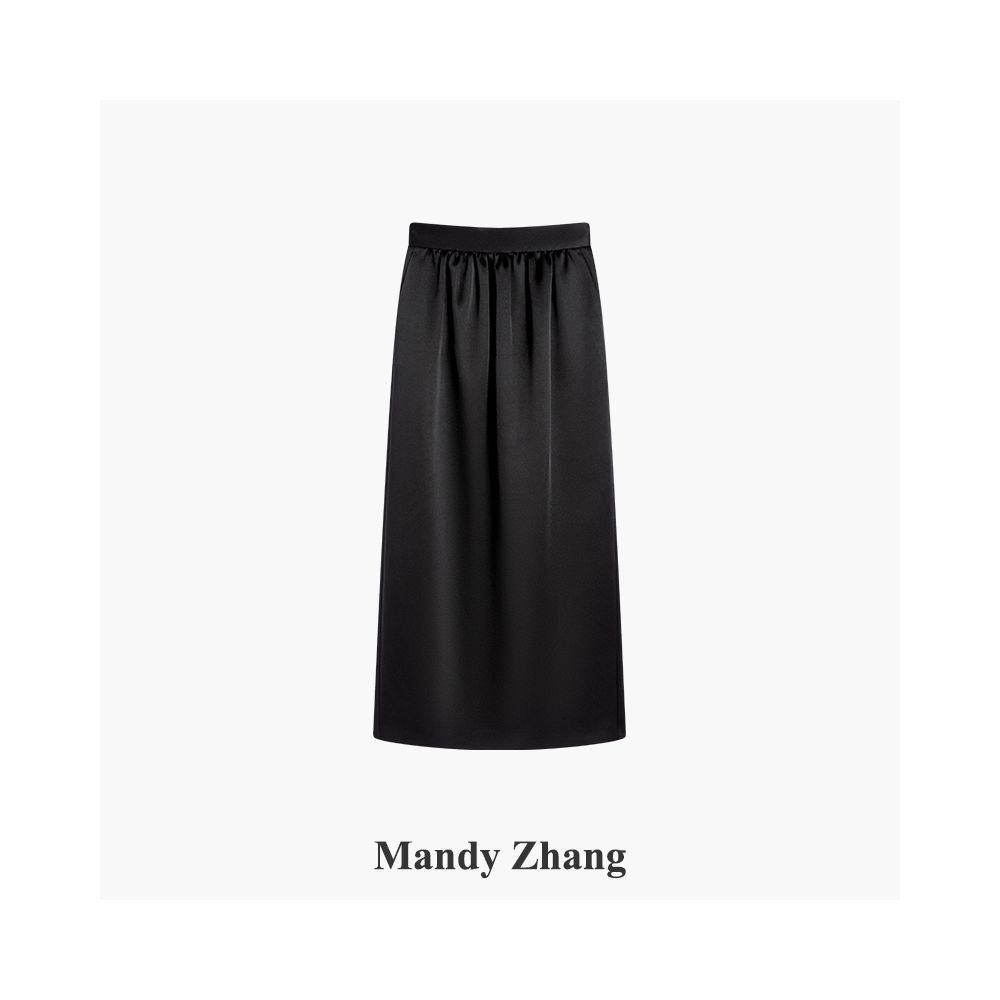 Mandy Zhang black satin pleated design flower bud straight tube skirt for women reducing age and slimming temperament skirt autumn image 7