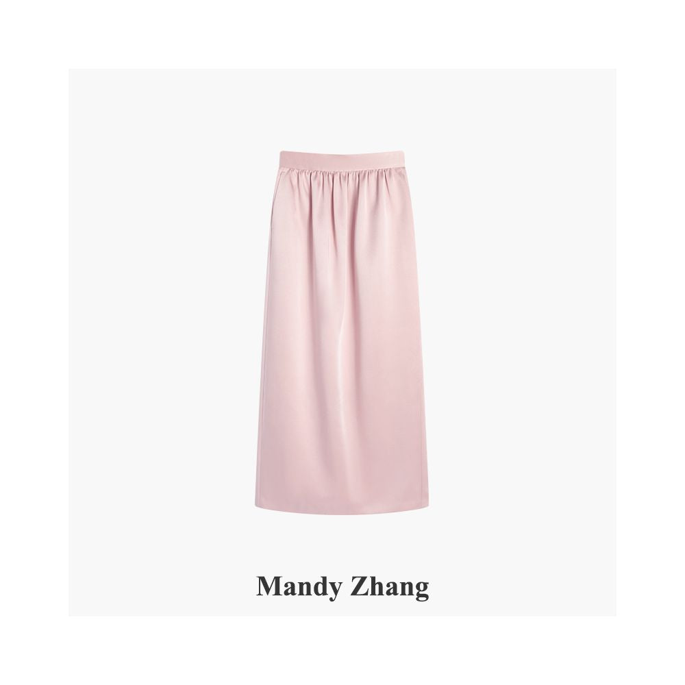 Mandy Zhang black satin pleated design flower bud straight tube skirt for women reducing age and slimming temperament skirt autumn image 9