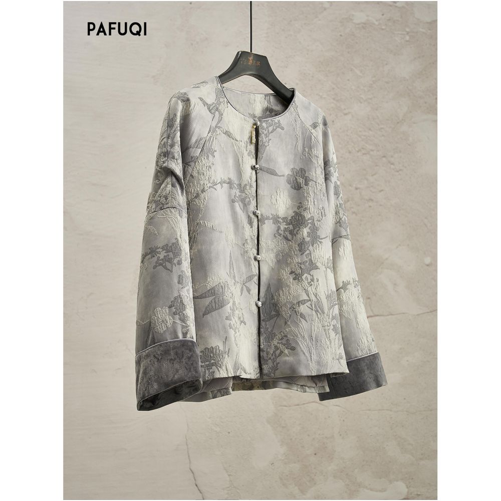 Improved New Chinese Style Set Autumn Winter Grey Jacquard Thick Coat Autumn Winter Round Neck Classical Elegance Top Chinese Style Women s Clothing image 2