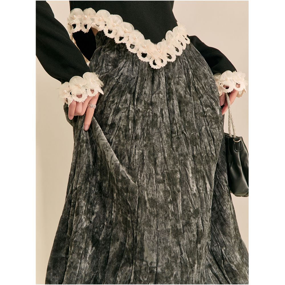2025 Spring Grey Midi Skirt New Chinese Style Retro Splashed Ink Design Unique Elastic Waist Elegant Full Skirt image 2