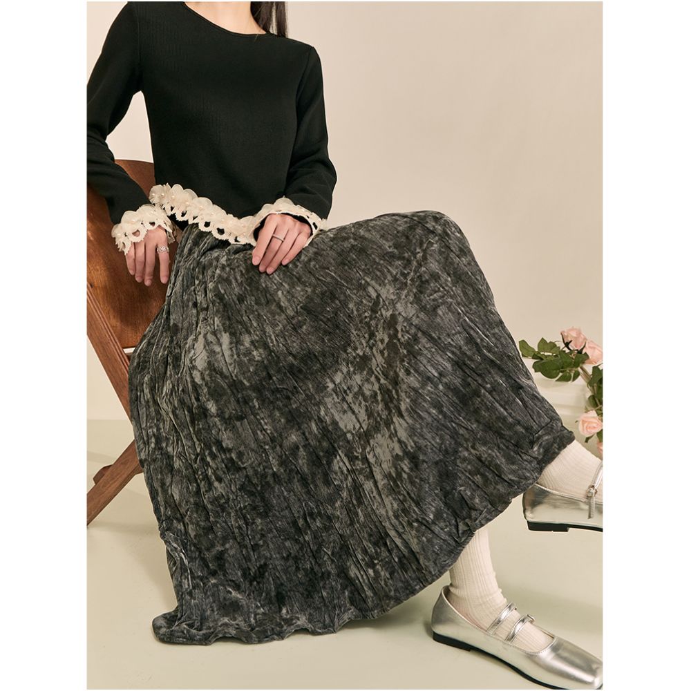 2025 Spring Grey Midi Skirt New Chinese Style Retro Splashed Ink Design Unique Elastic Waist Elegant Full Skirt image 4