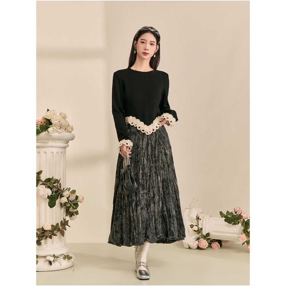 2025 Spring Grey Midi Skirt New Chinese Style Retro Splashed Ink Design Unique Elastic Waist Elegant Full Skirt image 5