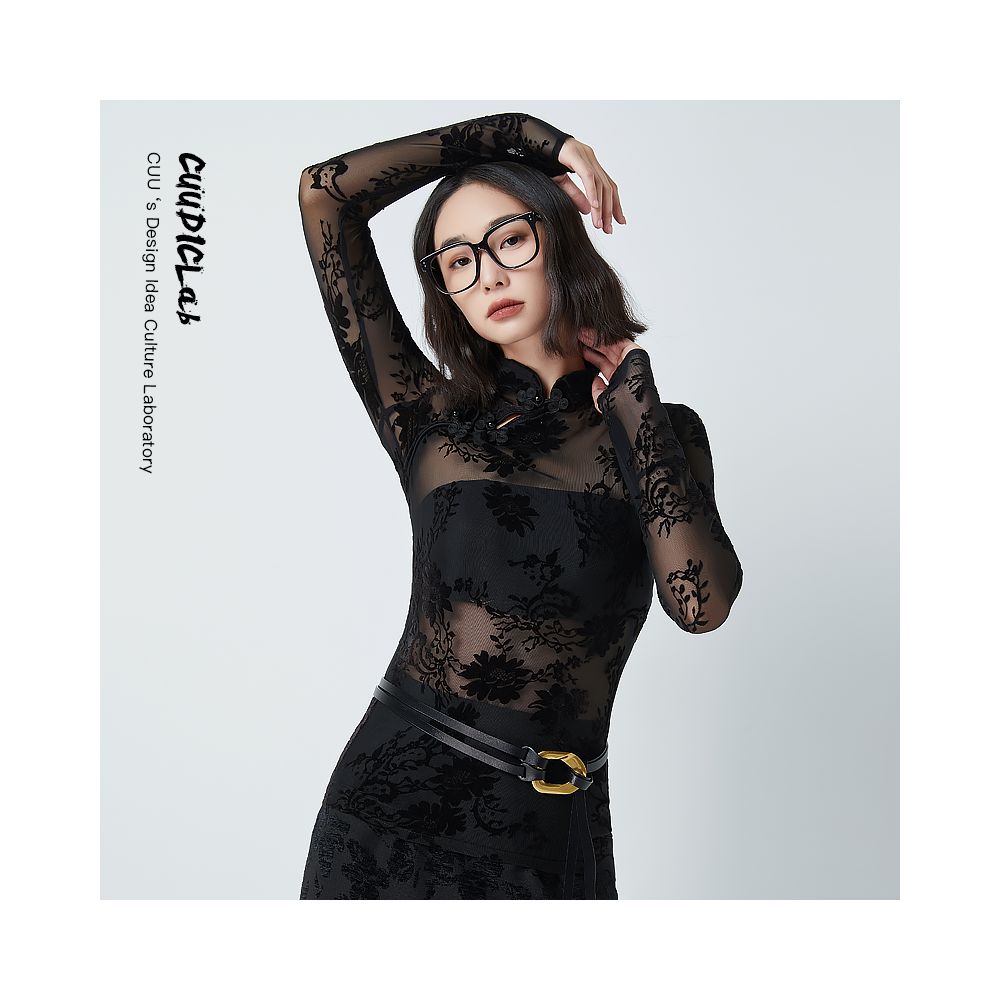 In Stock CUUDICLAB New Chinese Style Improved Cheongsam Top with Tie Dye High Quality Flocked Lace Blouse image 2