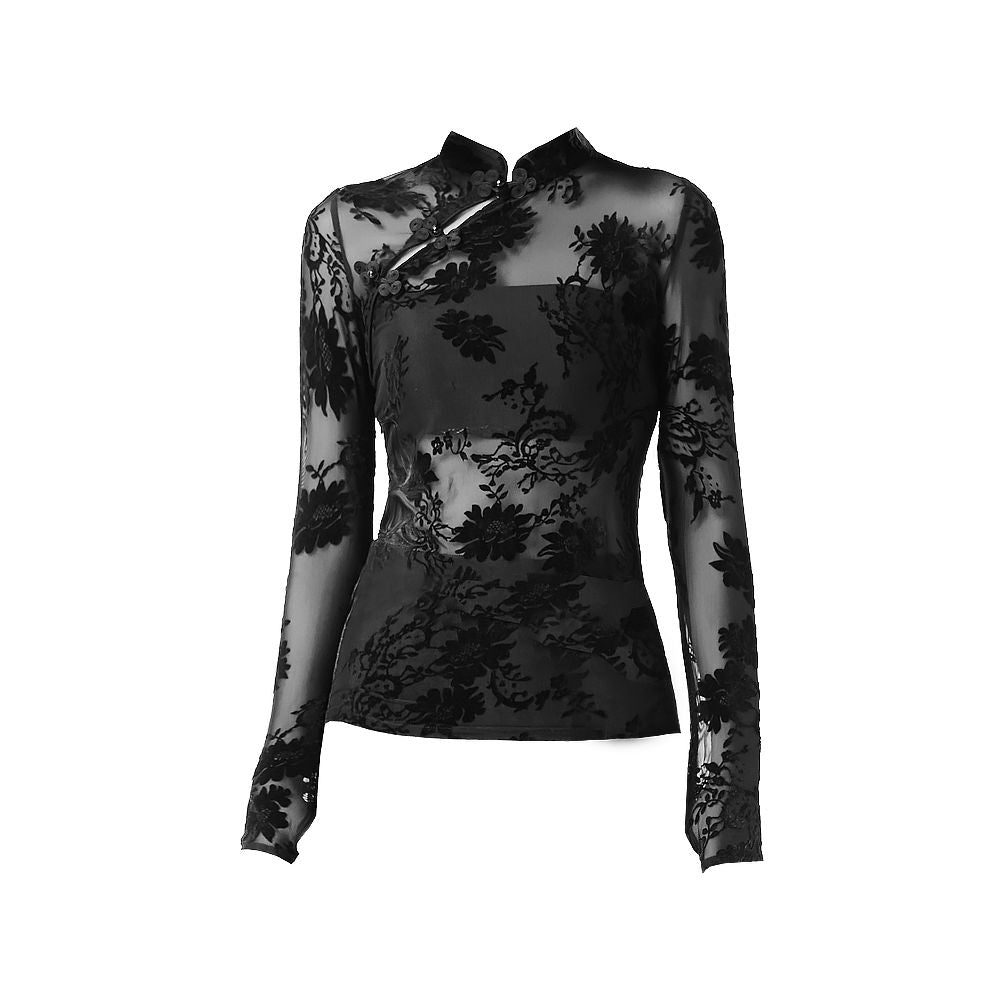 In Stock CUUDICLAB New Chinese Style Improved Cheongsam Top with Tie Dye High Quality Flocked Lace Blouse image 6