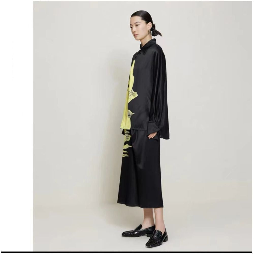 Same style Zhujia 2025 summer soft and smooth lightweight mulberry silk top with contrasting printed black silk shirt in the mall image 4