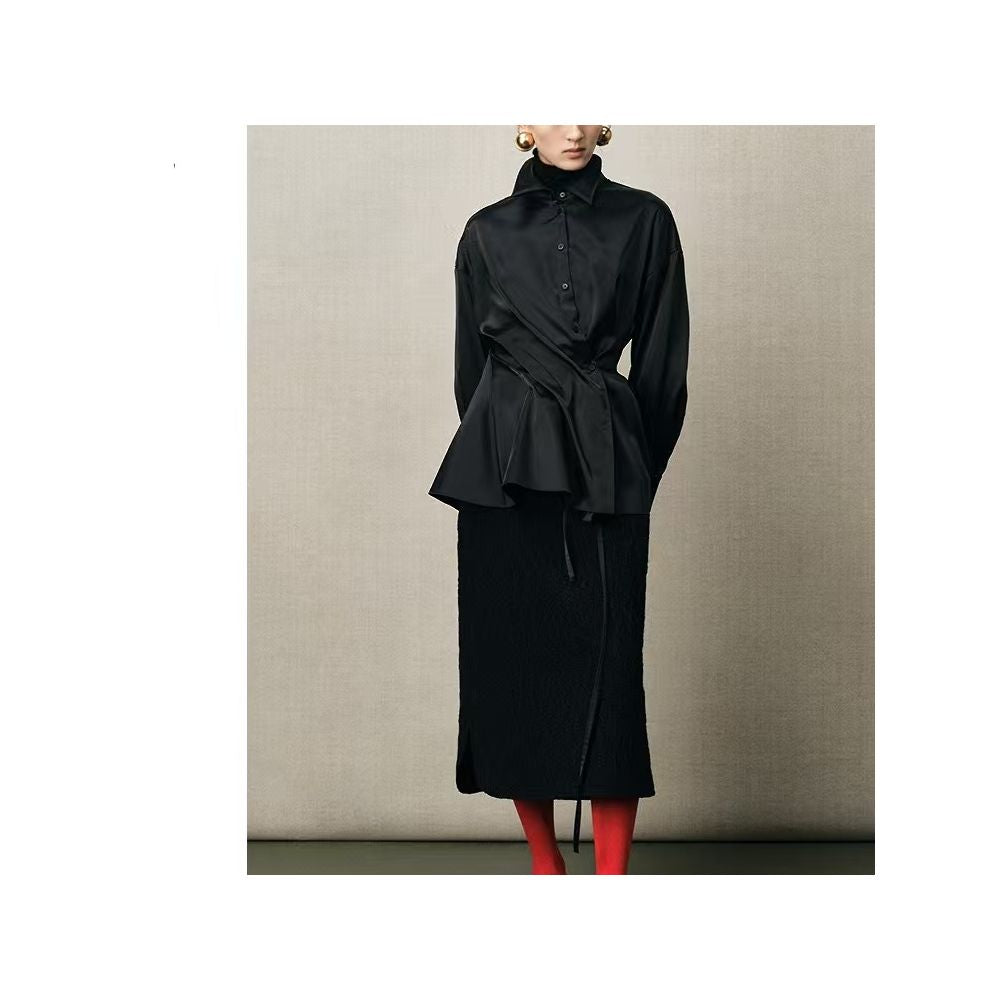 Same style as in shopping malls Zhu Jia 2025 Winter New Style Chinese Soft Irregular Pleated Black Collared Shirt image 1
