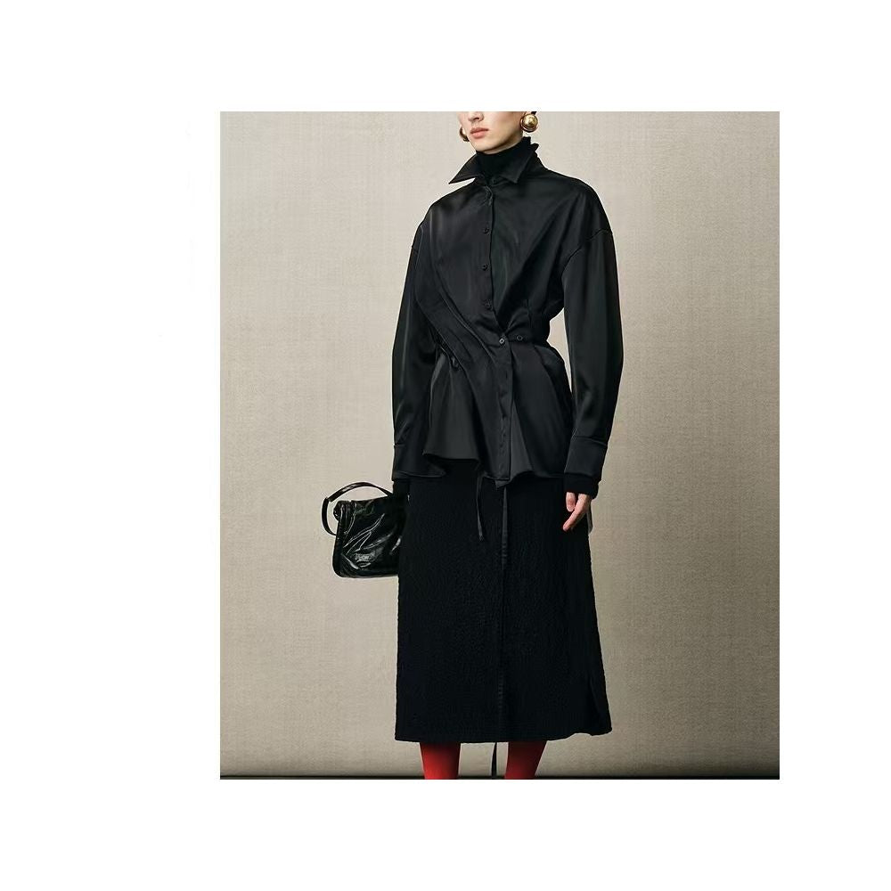 Same style as in shopping malls Zhu Jia 2025 Winter New Style Chinese Soft Irregular Pleated Black Collared Shirt image 2