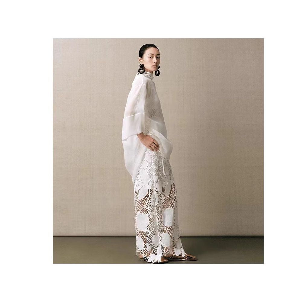 Same style as in shopping malls Zhu Jia 2025 Summer New White Zen New Chinese Style Round Neck Pleated Loose Silk Shirt Top image 2