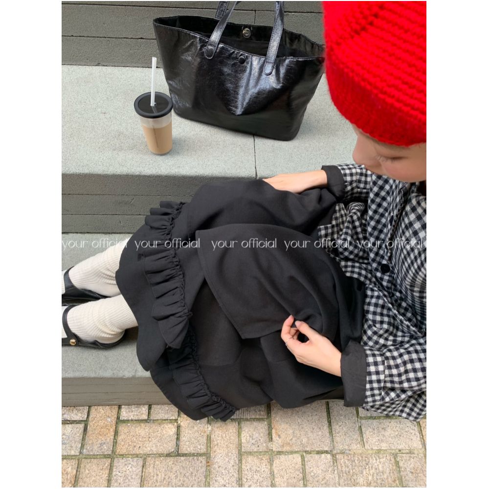 ASAYA5213 – Ruffle Hem Vintage Wide-Leg Skirt 🖤🎀