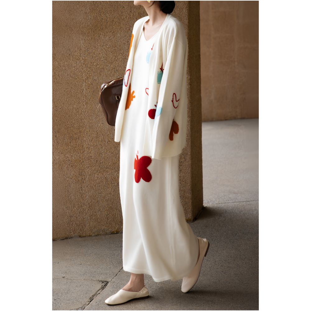 ZEROYK Relaxed Fashion Set High End 100 Wool Butterfly Knit Loose Cardigan and Slip Dress Two Piece Set image 3