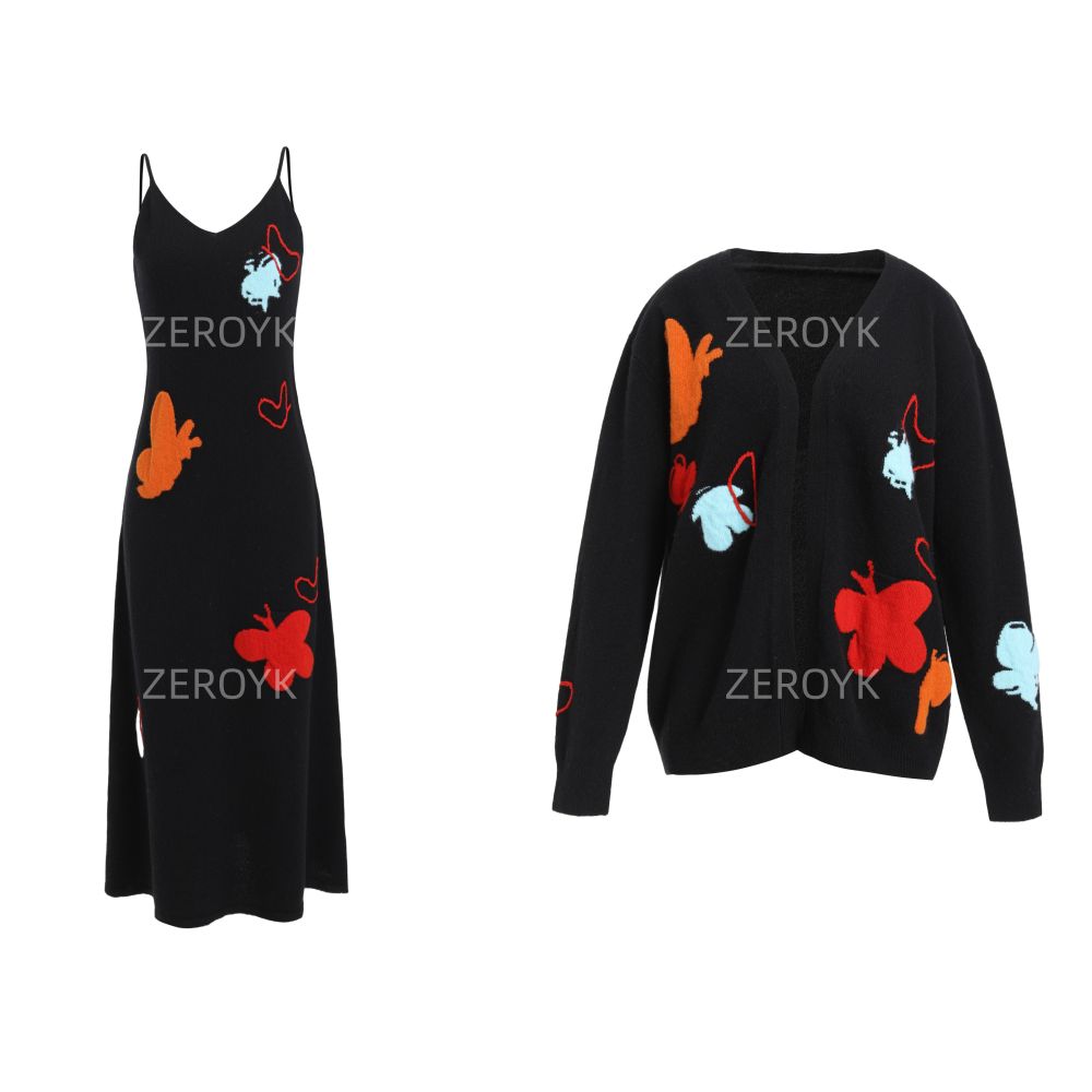 ZEROYK Relaxed Fashion Set High End 100 Wool Butterfly Knit Loose Cardigan and Slip Dress Two Piece Set image 6