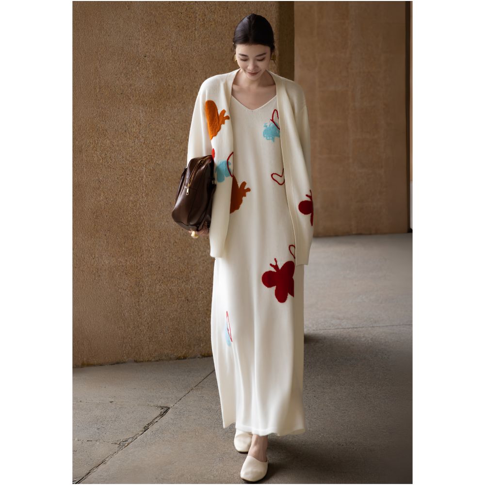 ZEROYK Relaxed Fashion Set High End 100 Wool Butterfly Knit Loose Cardigan and Slip Dress Two Piece Set image 8