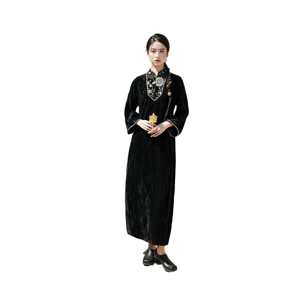 Anytime Light Glow Heavy Embroidery New Chinese Style Stand Collar Velvet Dress for Women image 5