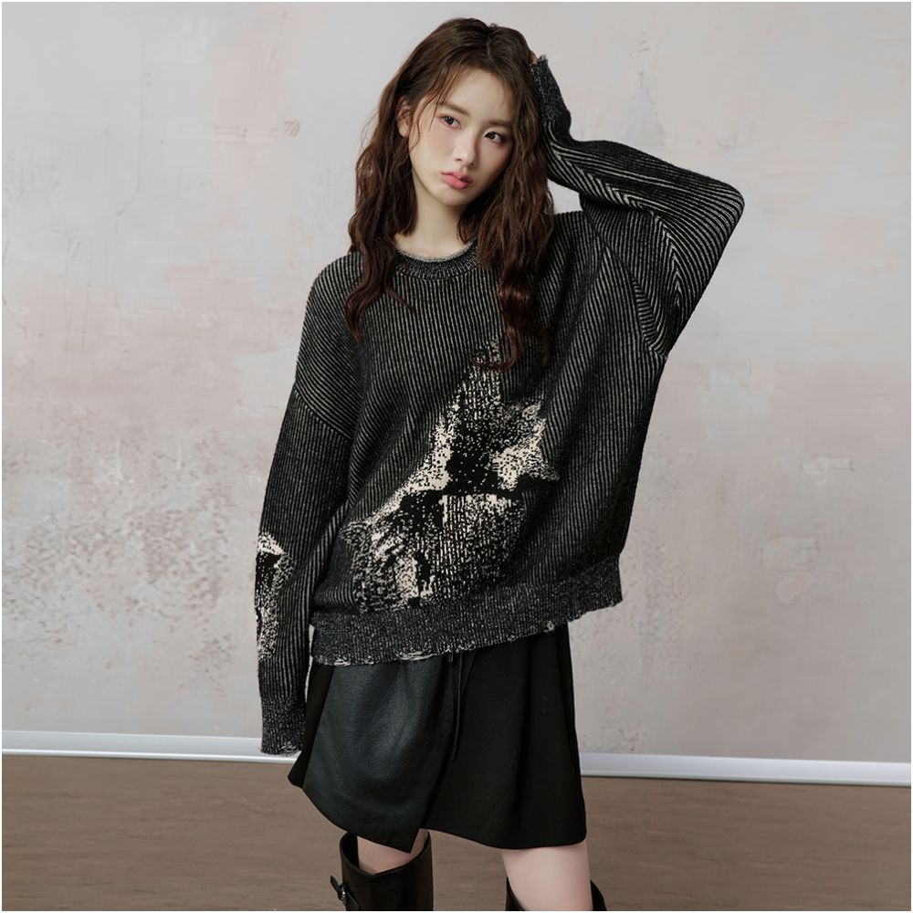 JfYanYan diffuse fairy fish pullover sweater lazy style women s autumn and winter striped knit sweater loose top image 2