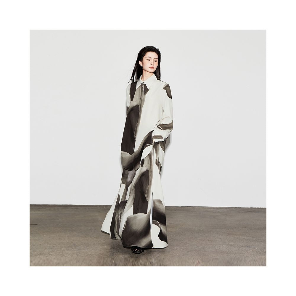 The Middle Ink Printed Shirt Half Skirt Set Medium Long Women s Summer Loose Two Piece Set with Ruffle Edges image 1