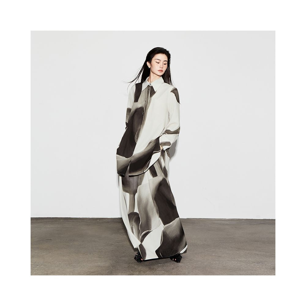 The Middle Ink Printed Shirt Half Skirt Set Medium Long Women s Summer Loose Two Piece Set with Ruffle Edges image 3