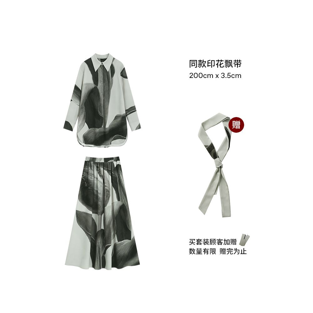 The Middle Ink Printed Shirt Half Skirt Set Medium Long Women s Summer Loose Two Piece Set with Ruffle Edges image 12