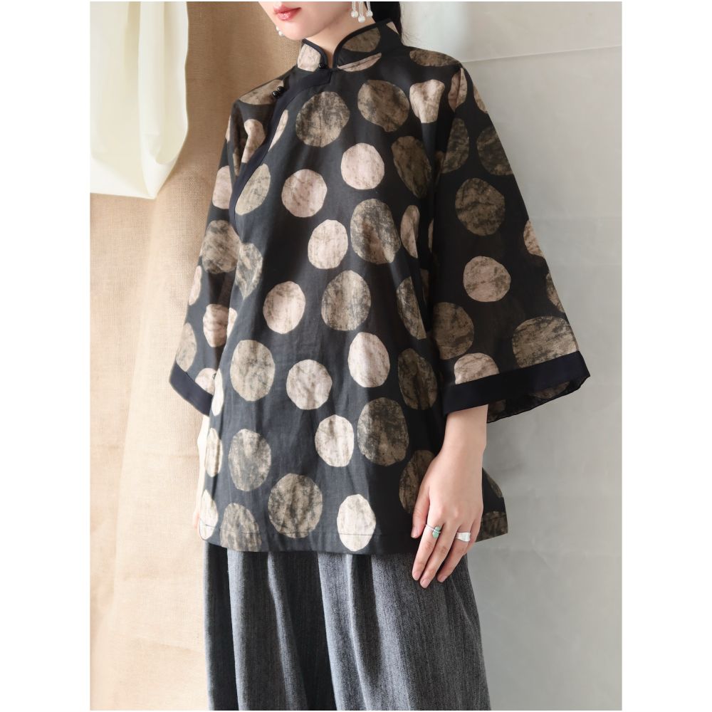 TAORAN Women s Traditional Chinese Style Modified Cheongsam Top Young Women s Black Polka Dot Shirt Linen Zen Inspired Tea Robe image 1