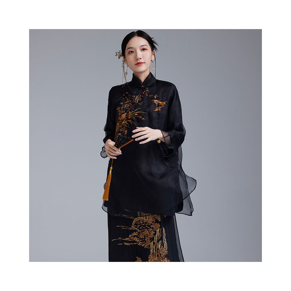 2024 Spring Summer New Silk Tang Costume Improved Large Chinese Style Top Mulberry Silk Embroidery Moyu Brand image 1