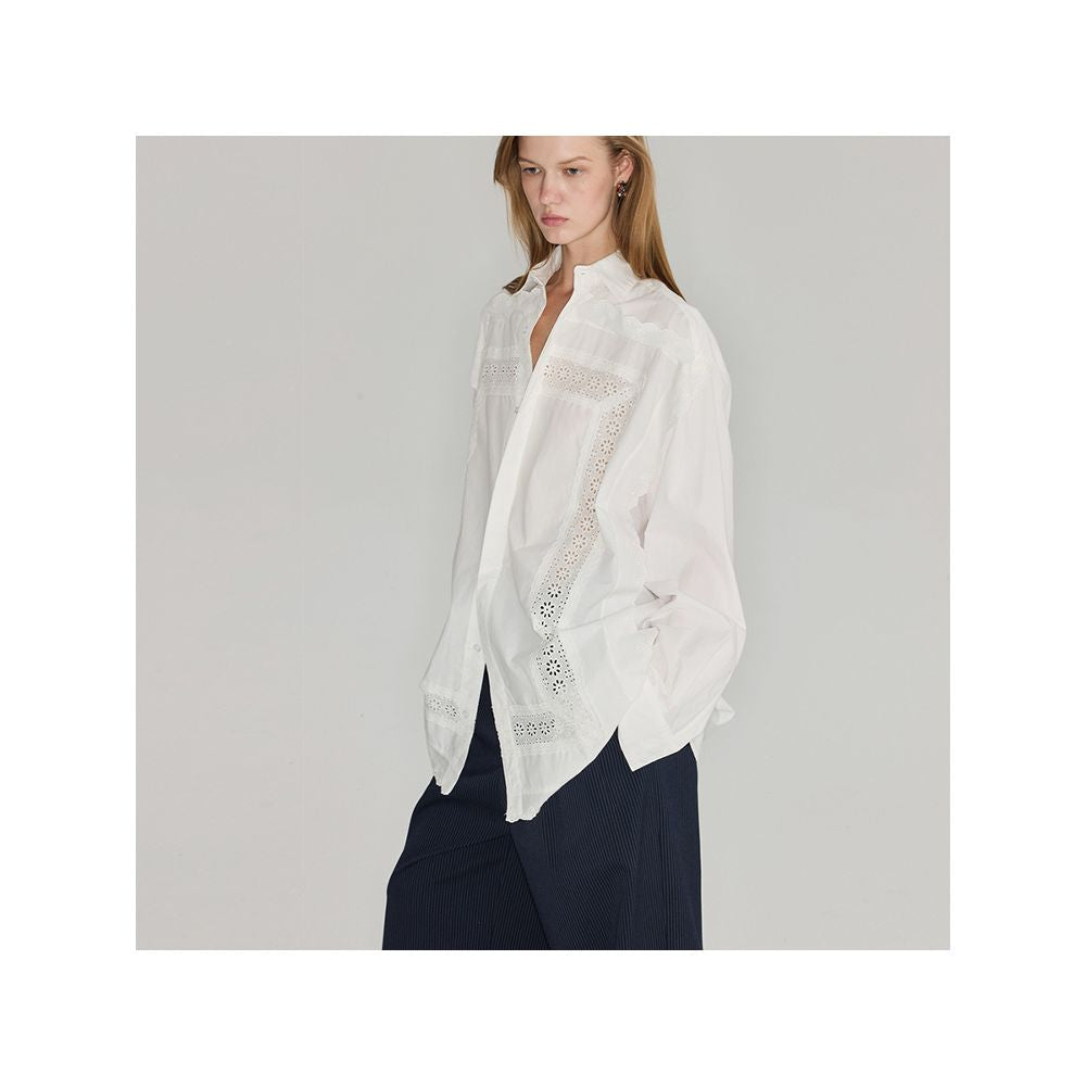 Polaroid Romantic Photos 24SS Madeira Openwork Embroidered Lace Trim Loose Cotton White Shirt for Men and Women image 3