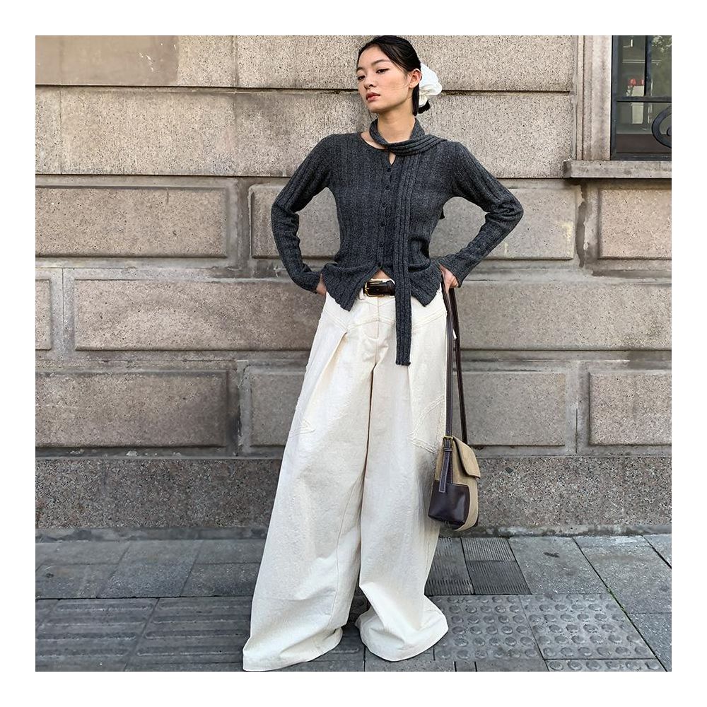 Luo Bian Extensive Details Deconstructed Lace Trim Original Designer Wide Leg Pants for Autumn Winter image 4