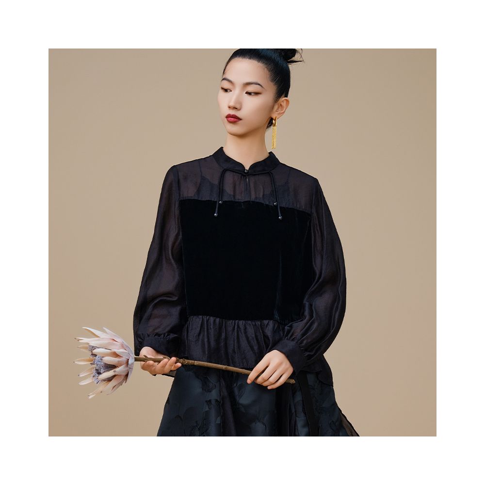 Jiqiu Guer Shunyu Velvet Top Chinese Style Stand Collar Retro Original New Chinese Style Autumn New Women s image 3