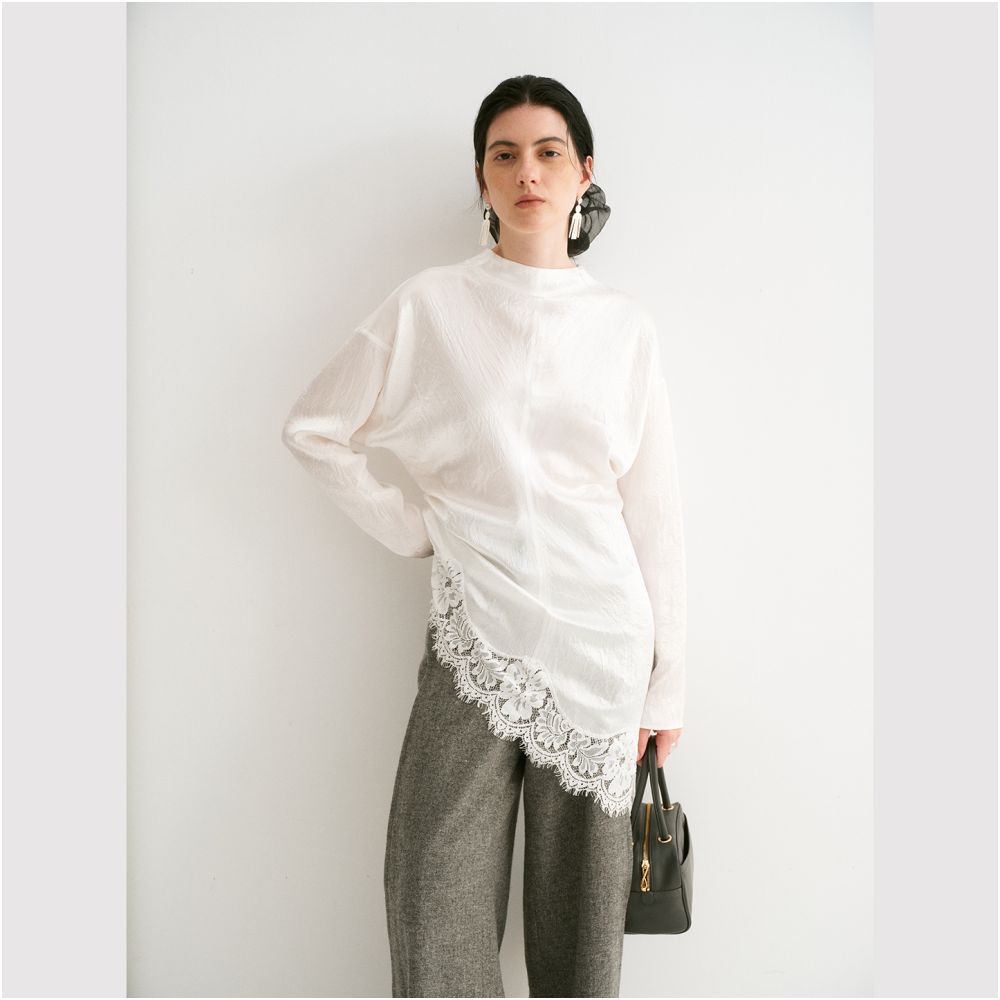 TOP Brand Pearl Glow French Retro Style Long Sleeved Top with Diagonal Pleats Acetate Lace Trim and Asymmetrical Hem image 1