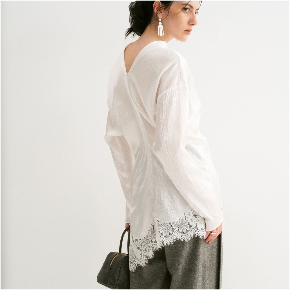 TOP Brand Pearl Glow French Retro Style Long Sleeved Top with Diagonal Pleats Acetate Lace Trim and Asymmetrical Hem image 2