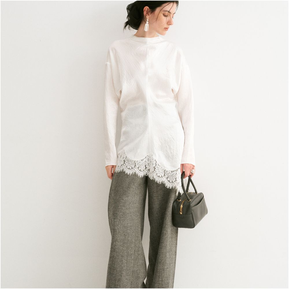 TOP Brand Pearl Glow French Retro Style Long Sleeved Top with Diagonal Pleats Acetate Lace Trim and Asymmetrical Hem image 3