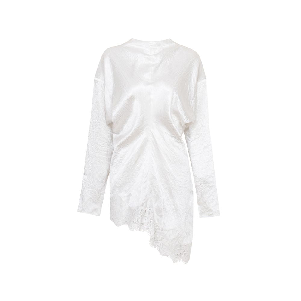 TOP Brand Pearl Glow French Retro Style Long Sleeved Top with Diagonal Pleats Acetate Lace Trim and Asymmetrical Hem image 7