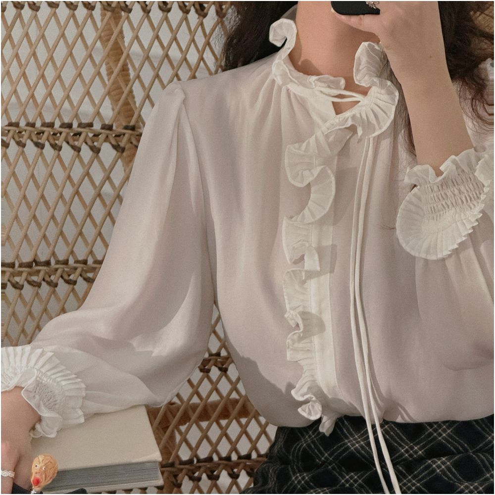 TOP Home Kan Qingzi Same Sweet and Soft French Retro Palace Mushroom Edge Long Sleeve Acetate Shirt for Women image 11