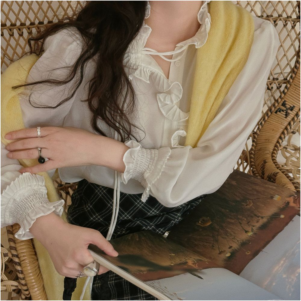 TOP Home Kan Qingzi Same Sweet and Soft French Retro Palace Mushroom Edge Long Sleeve Acetate Shirt for Women image 12