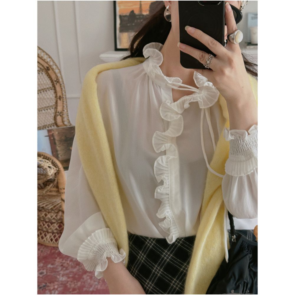 TOP Home Kan Qingzi Same Sweet and Soft French Retro Palace Mushroom Edge Long Sleeve Acetate Shirt for Women image 1