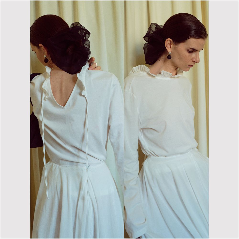 TOP Home Two Wear Multi Match French Retro Romantic Style Black Ear Lace Collar Pure White Horse Cotton Long Sleeve T shirt image 0