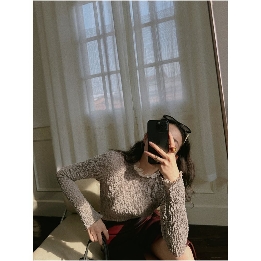 TOP Home Exquisite Atmosphere French Retro Double layer Mushroom Edge Three dimensional Wrinkle Texture Jacquard Stand up Collar Top image 2