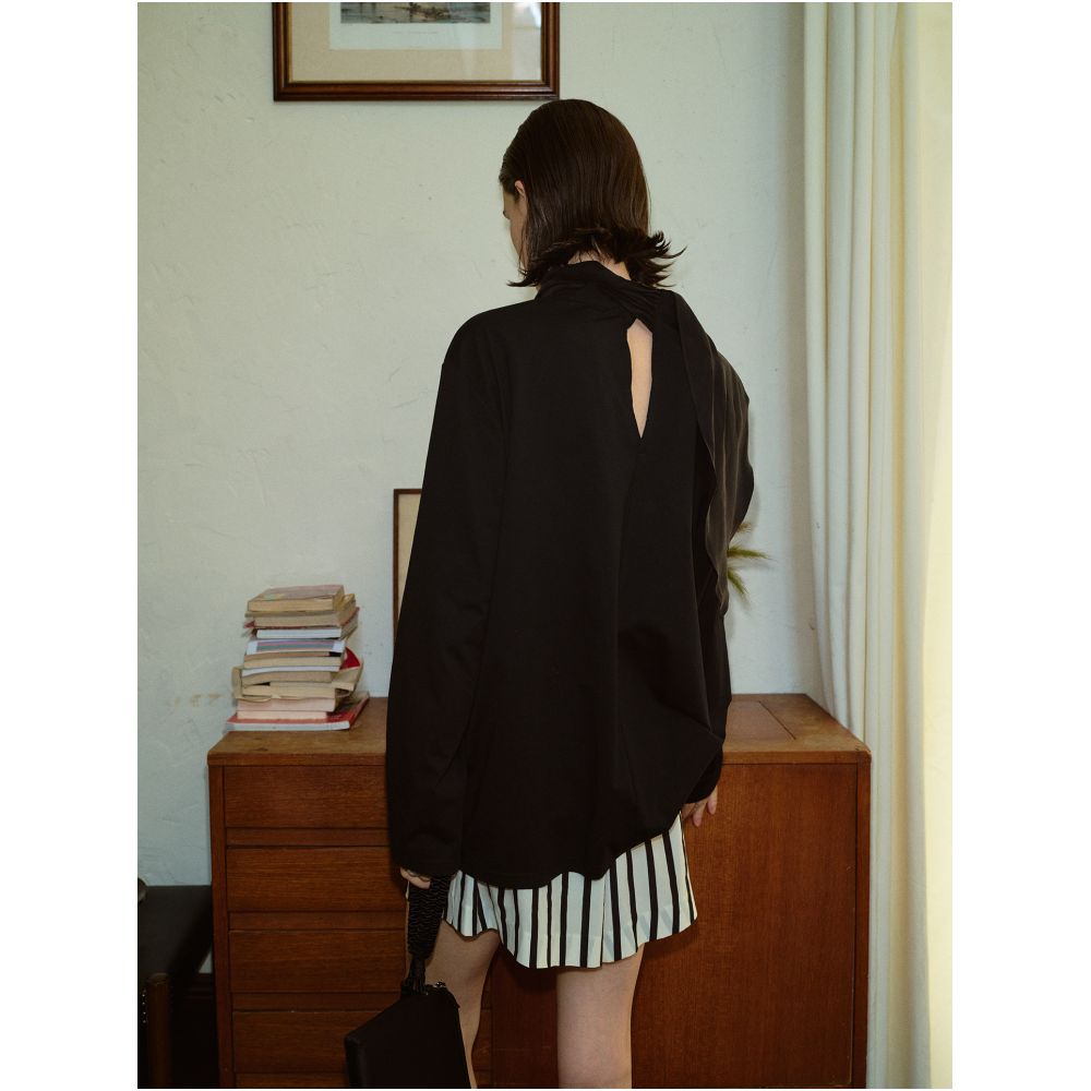 TOP lazy romantic French retro niche design ribbon ribbed round neck loose long sleeved scarf T shirt image 1