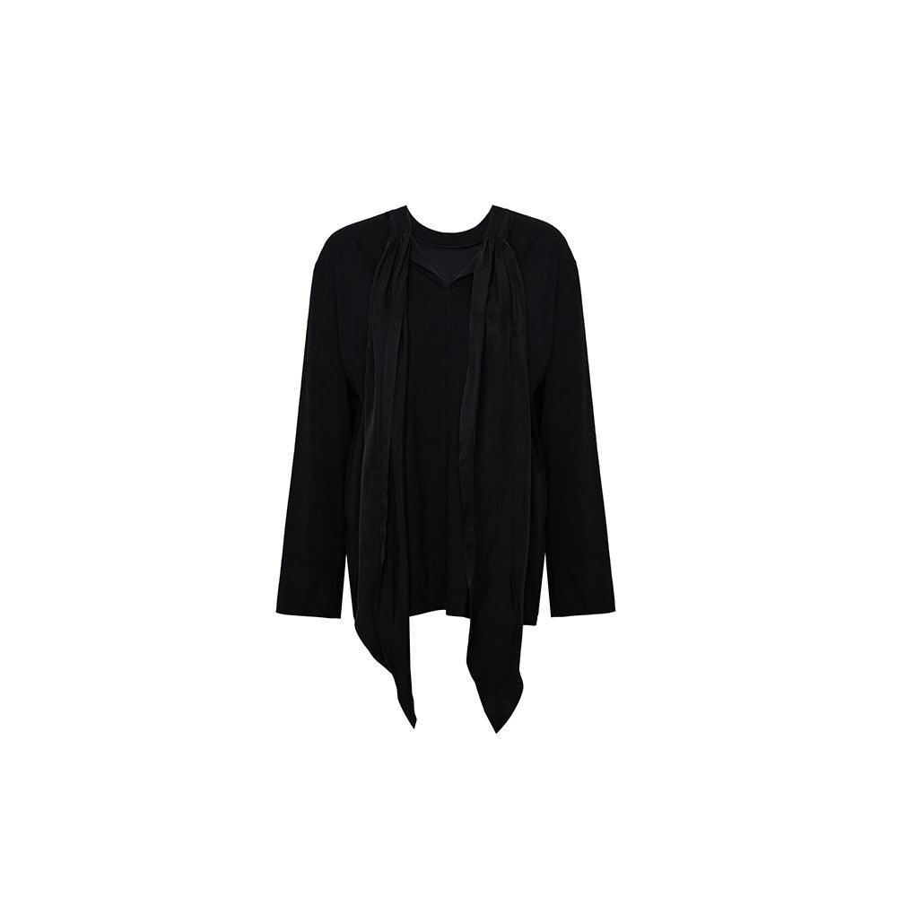 TOP lazy romantic French retro niche design ribbon ribbed round neck loose long sleeved scarf T shirt image 16