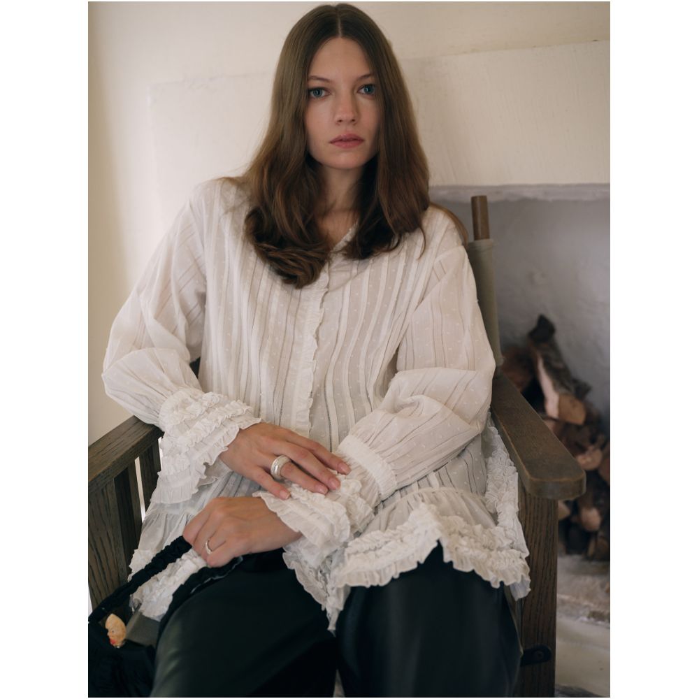 TOP Home Romantic Overture French Retro Exquisite Detail Dots Jacquard Folded Black Fungus Edge Long Sleeve Shirt image 1