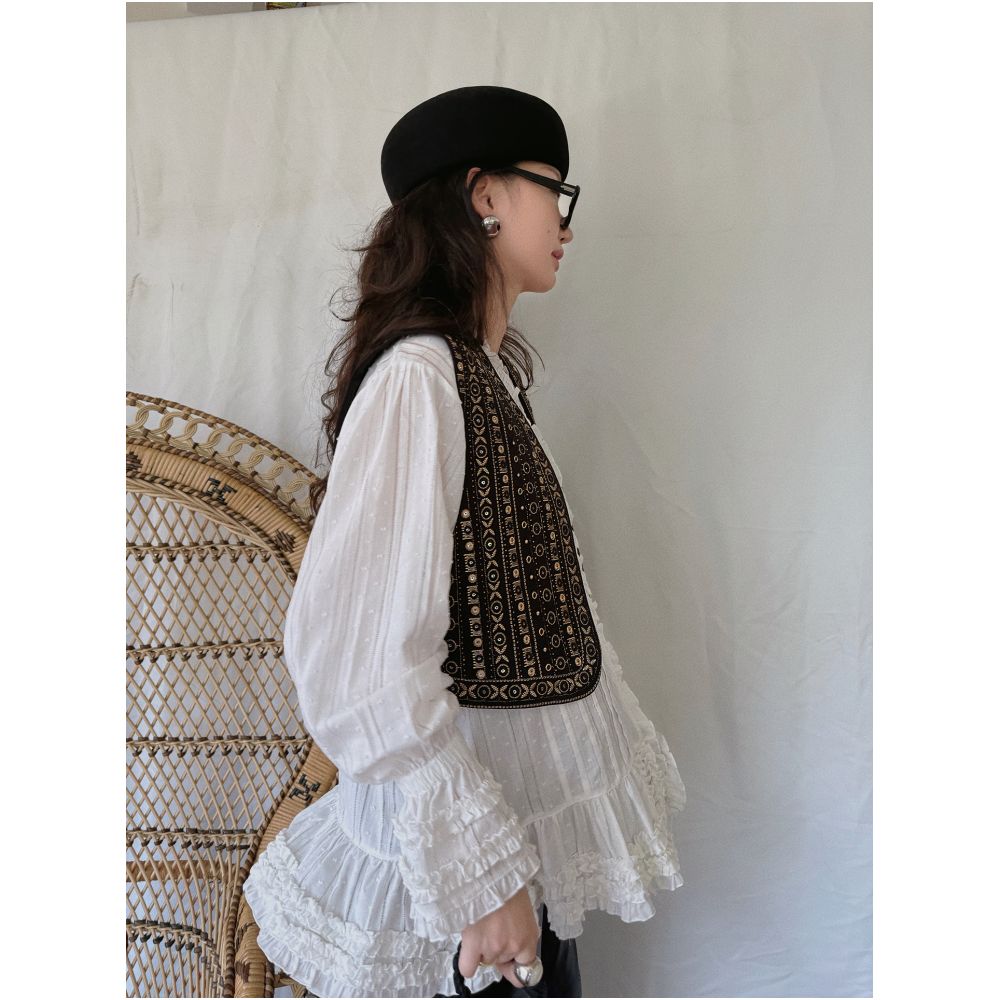 TOP Home Romantic Overture French Retro Exquisite Detail Dots Jacquard Folded Black Fungus Edge Long Sleeve Shirt image 4