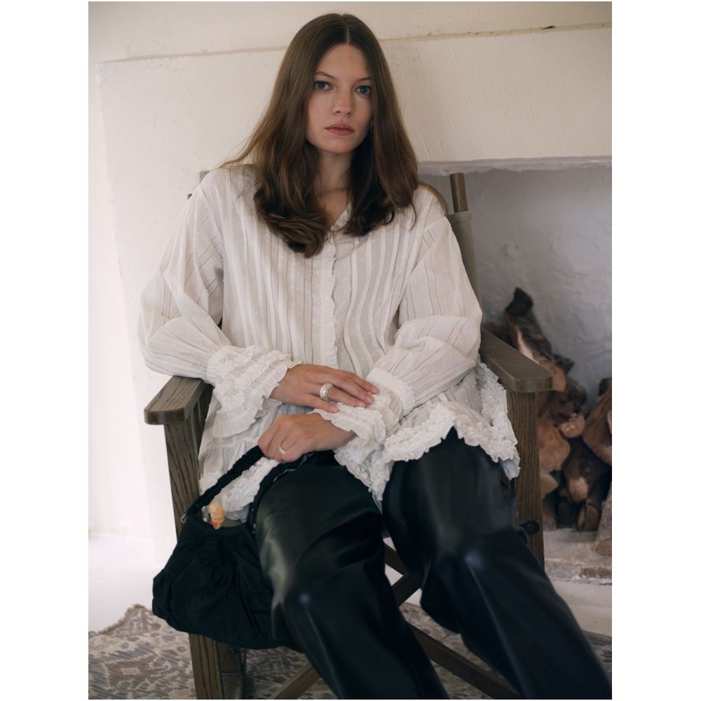 TOP Home Romantic Overture French Retro Exquisite Detail Dots Jacquard Folded Black Fungus Edge Long Sleeve Shirt image 7