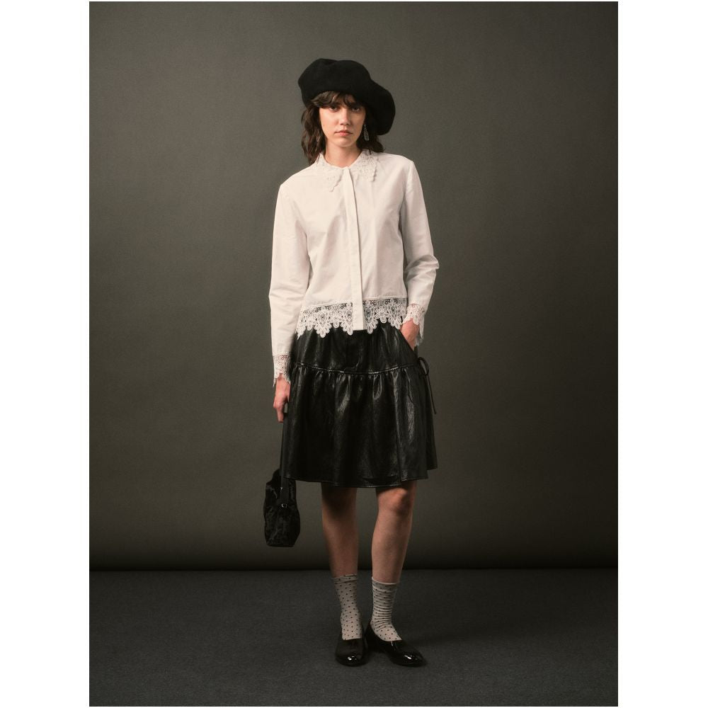 TOP Elegant and Clean French Retro Romantic Heavy Industry Lace Lace Splicing Tencel Cotton Blended White Shirt image 1