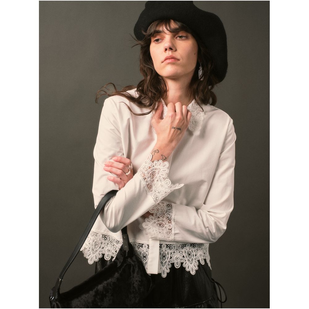 TOP Elegant and Clean French Retro Romantic Heavy Industry Lace Lace Splicing Tencel Cotton Blended White Shirt image 2