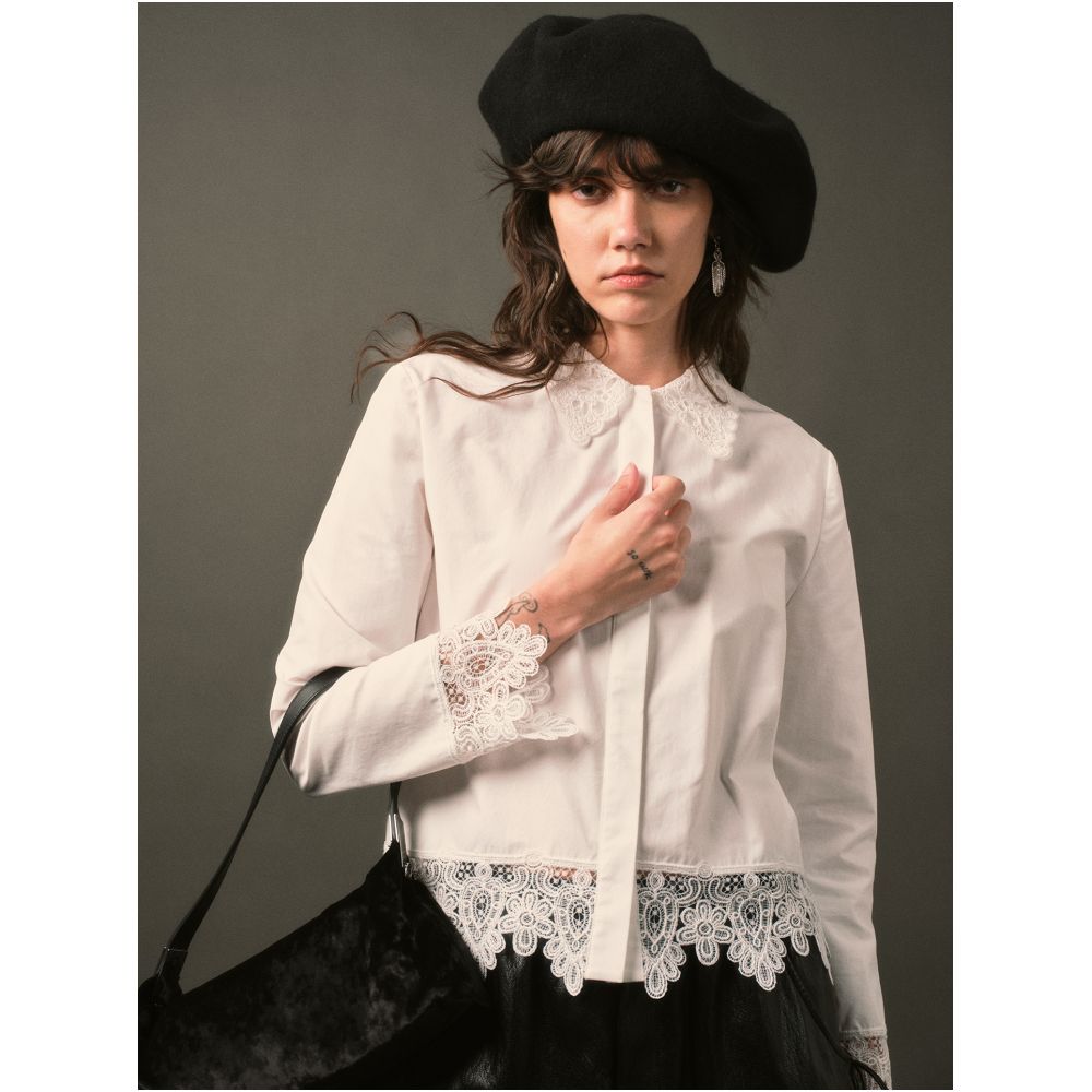 TOP Elegant and Clean French Retro Romantic Heavy Industry Lace Lace Splicing Tencel Cotton Blended White Shirt image 6