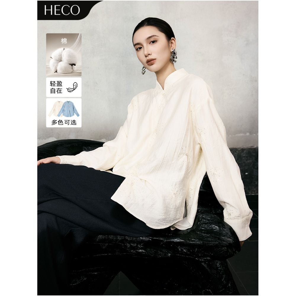 HECO Xingluo New Chinese Embroidered Flower Comfortable Cotton Long sleeved Shirt Women s Autumn and Winter Style Stand up Collar Shirt image 0