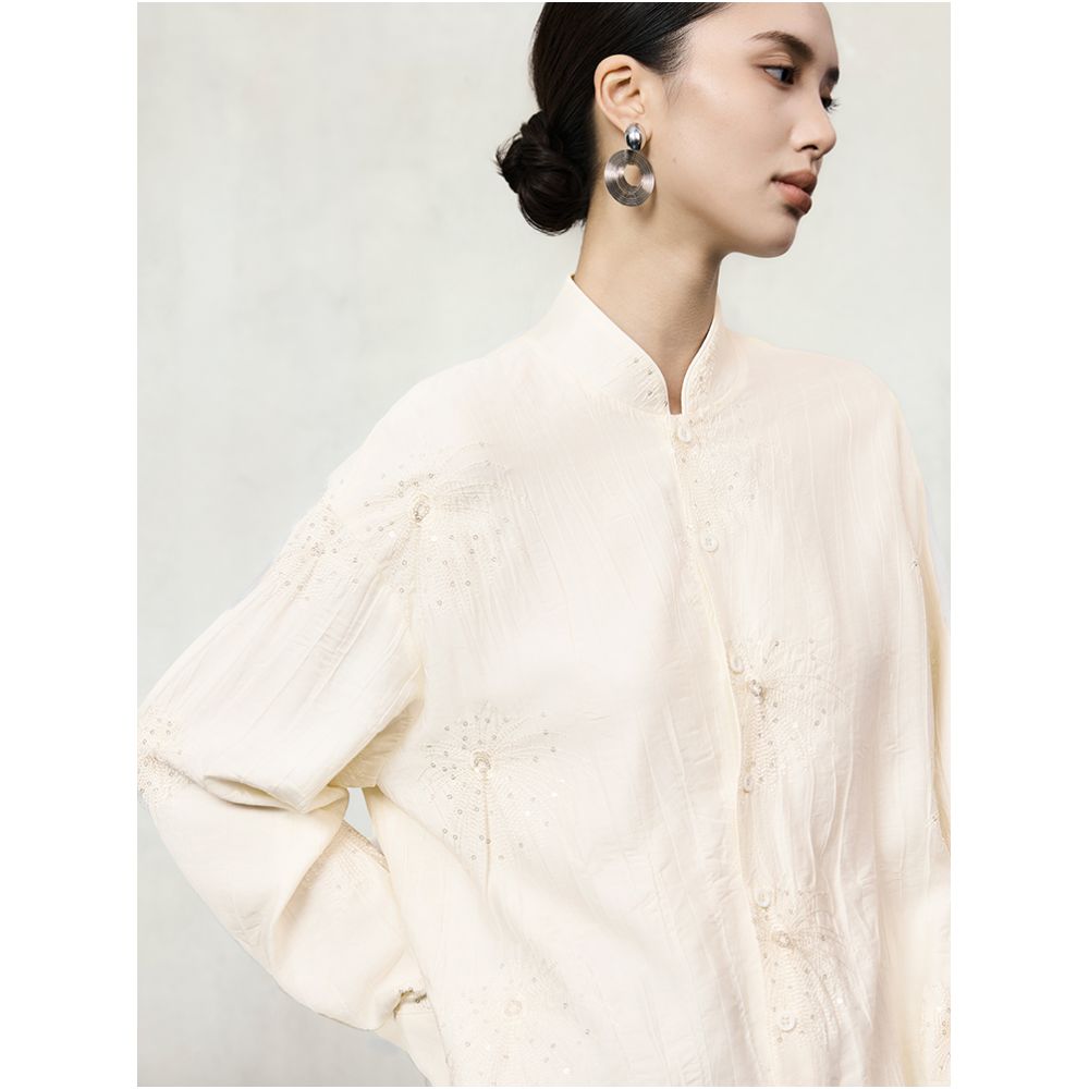 HECO Xingluo New Chinese Embroidered Flower Comfortable Cotton Long sleeved Shirt Women s Autumn and Winter Style Stand up Collar Shirt image 2