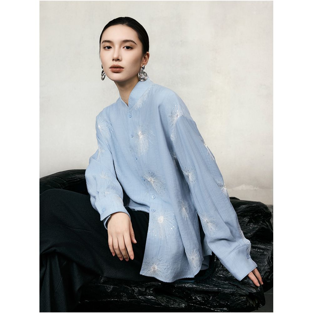 HECO Xingluo New Chinese Embroidered Flower Comfortable Cotton Long sleeved Shirt Women s Autumn and Winter Style Stand up Collar Shirt image 3