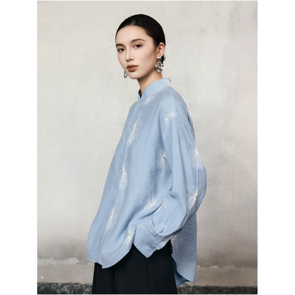 HECO Xingluo New Chinese Embroidered Flower Comfortable Cotton Long sleeved Shirt Women s Autumn and Winter Style Stand up Collar Shirt image 9