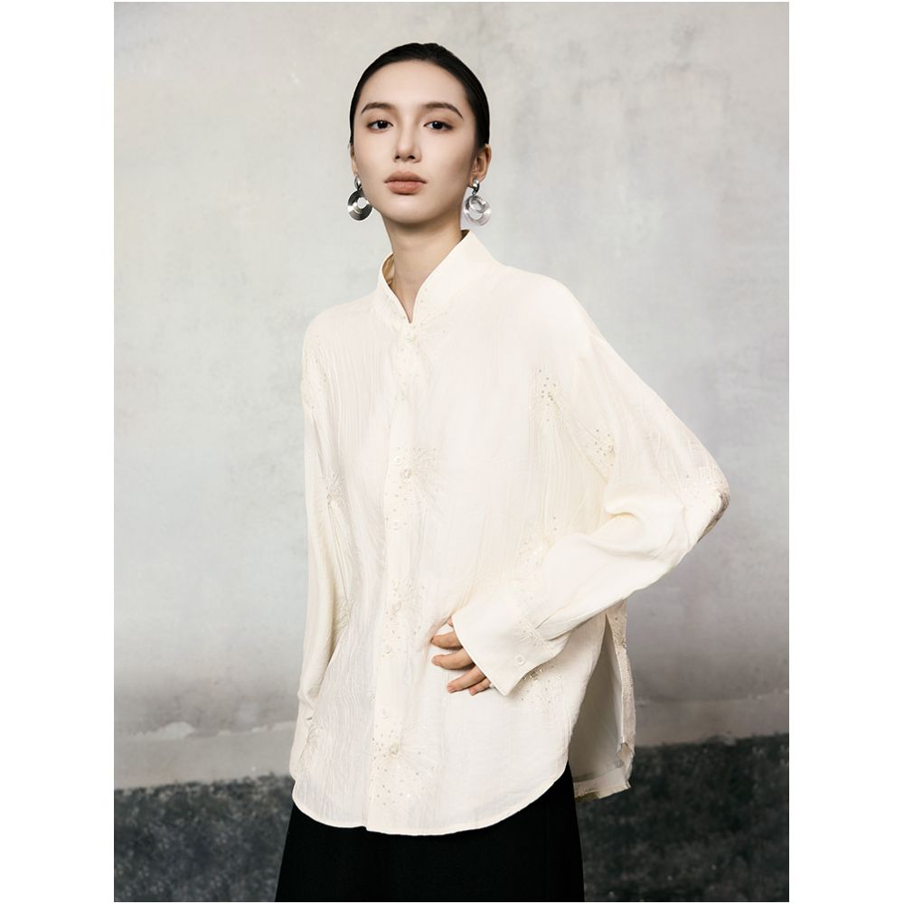 HECO Xingluo New Chinese Embroidered Flower Comfortable Cotton Long sleeved Shirt Women s Autumn and Winter Style Stand up Collar Shirt image 11