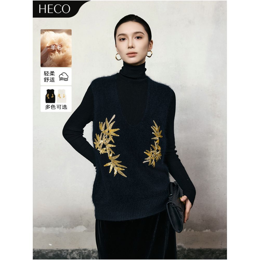 HECO Qingjin New Chinese Bead Embroidered V neck Wool Knitted Vest Women s 2025 Autumn Winter Stacked Vest image 0